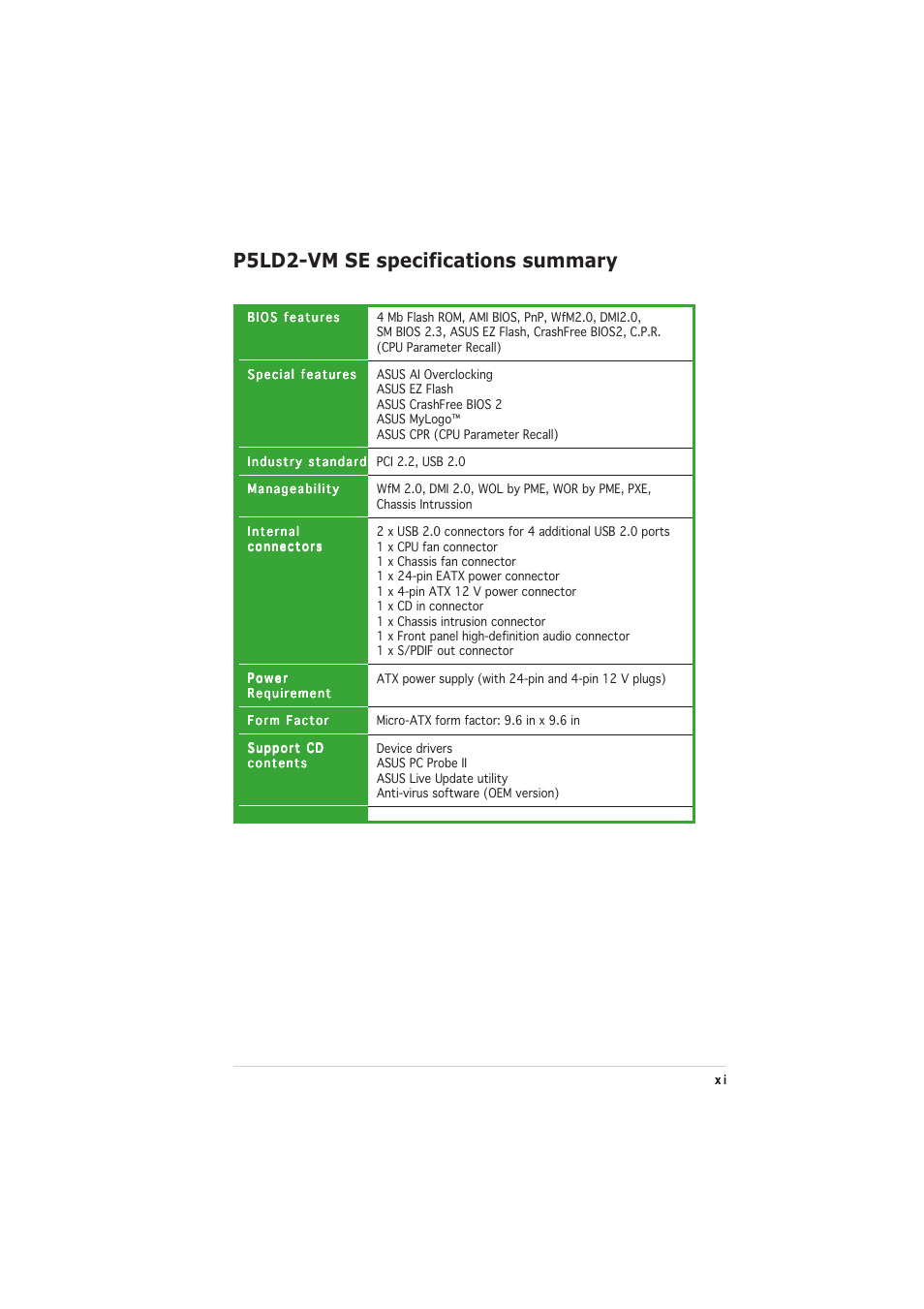 P5ld2-vm se specifications summary | Asus P5LD2-VM SE User Manual | Page 11 / 90