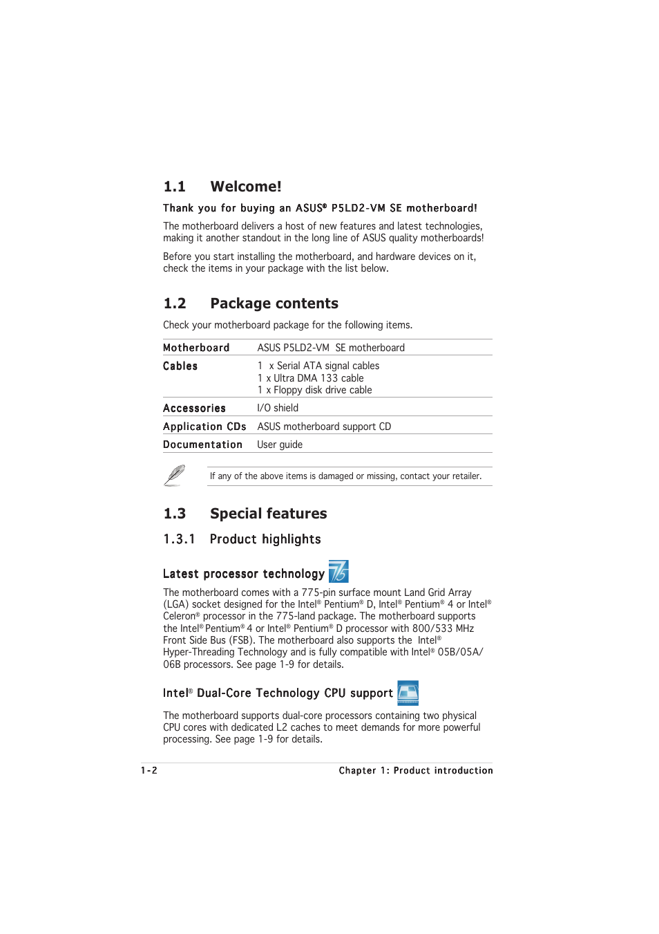 1 welcome, 2 package contents, 3 special features | Asus P5LD2-VM SE User Manual | Page 14 / 90