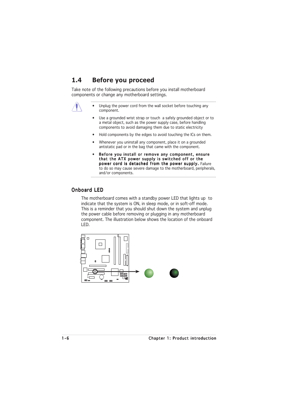 4 before you proceed, Onboard led | Asus P5LD2-VM SE User Manual | Page 18 / 90