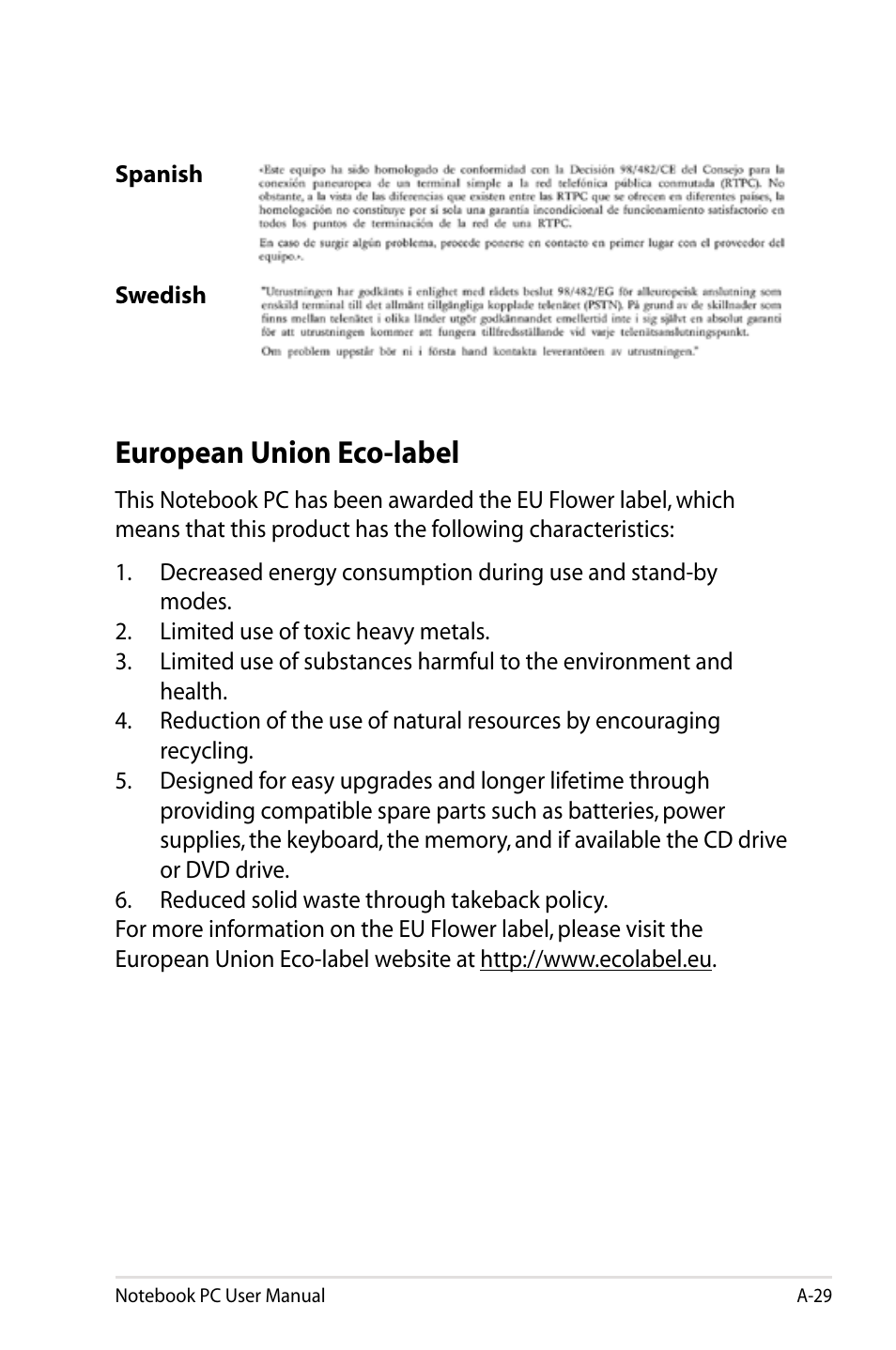 European union eco-label | Asus Pro55VA User Manual | Page 101 / 108