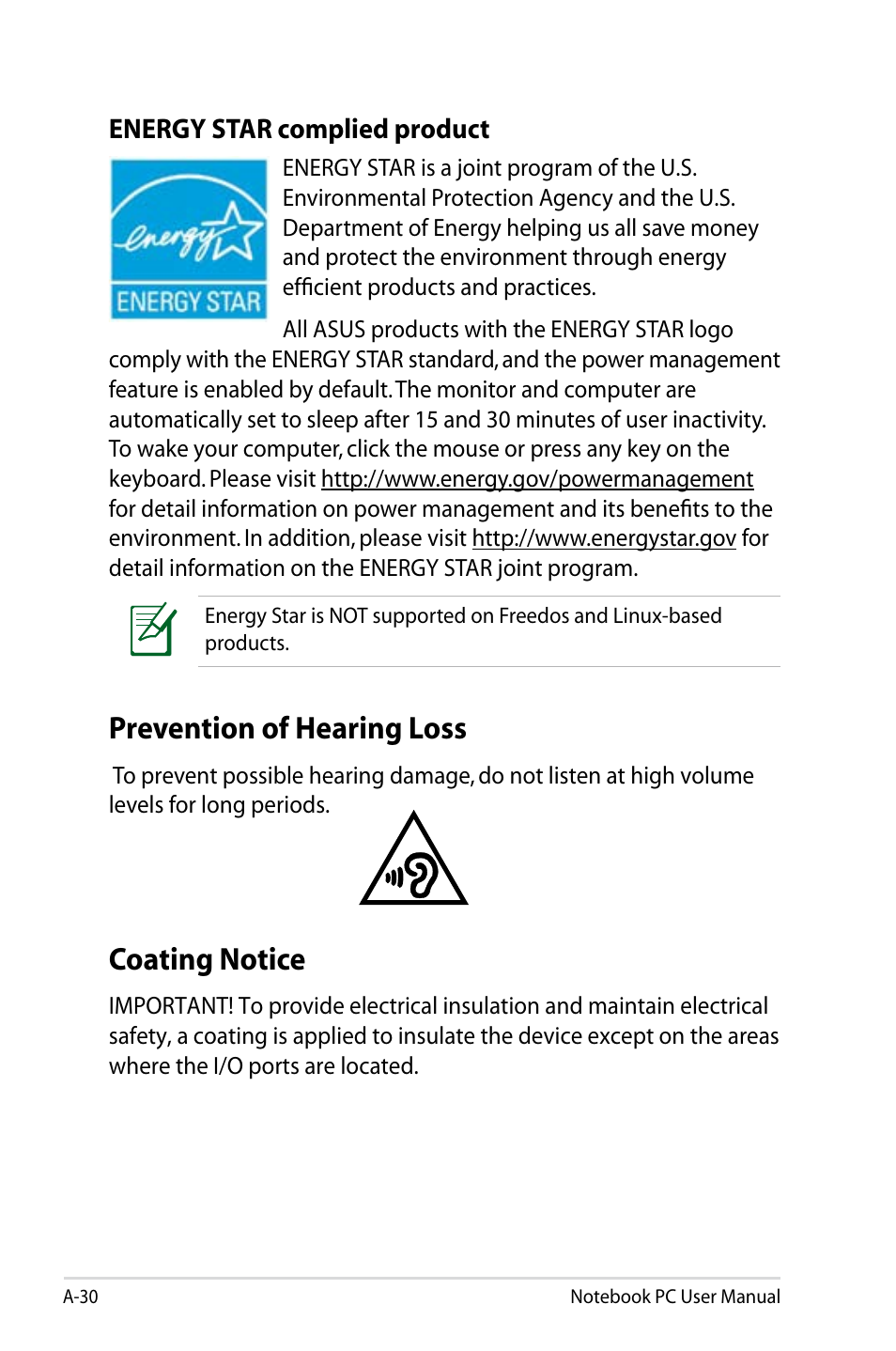 Prevention of hearing loss, Coating notice, Energy star complied product | Asus Pro55VA User Manual | Page 102 / 108