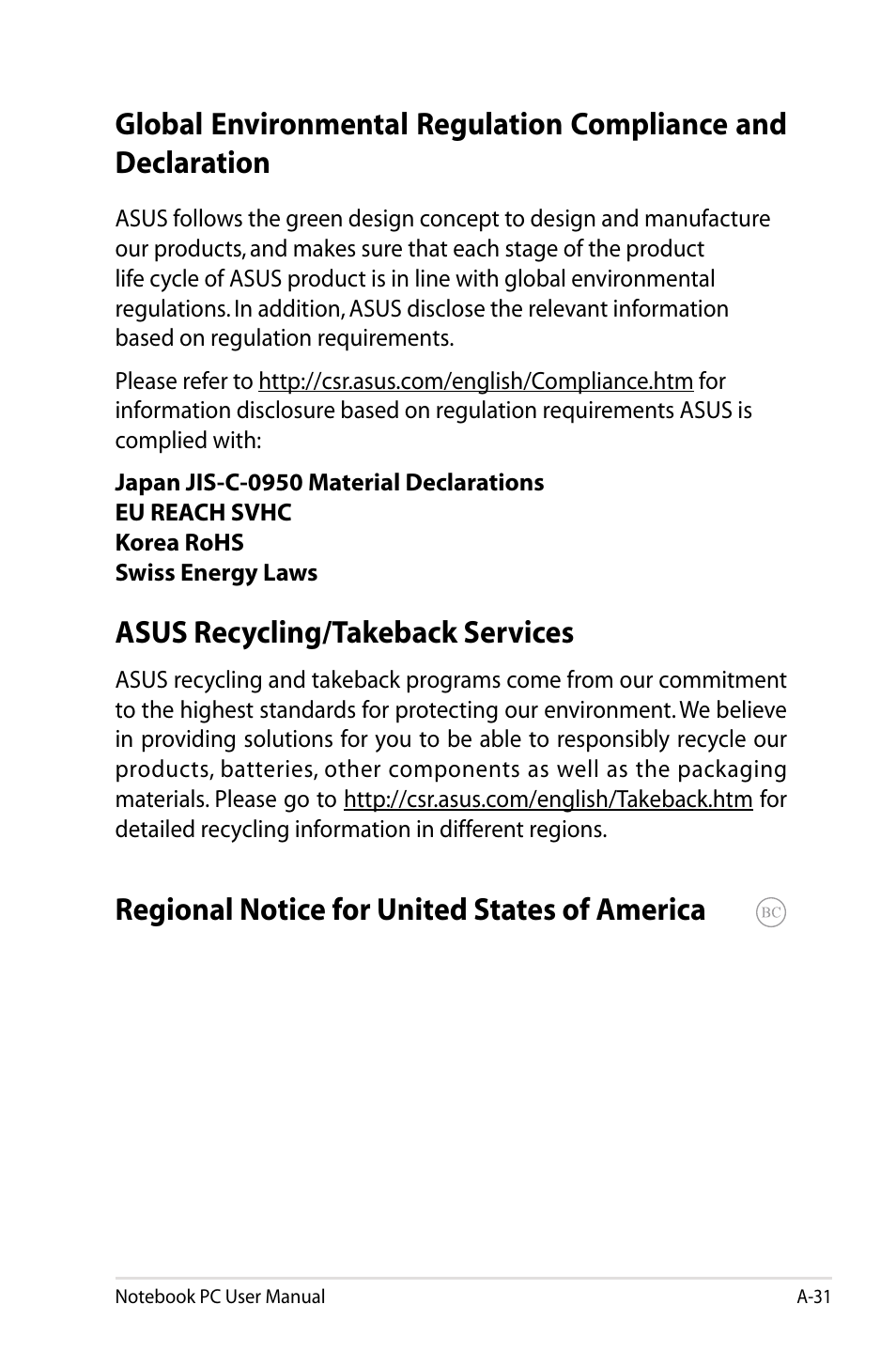 Asus recycling/takeback services, Regional notice for united states of america | Asus Pro55VA User Manual | Page 103 / 108