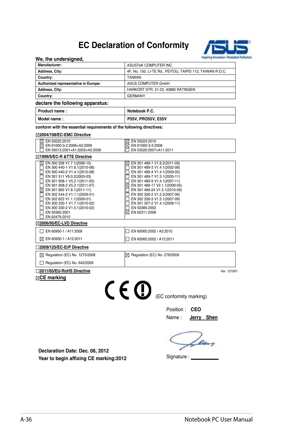 Ec declaration of conformity, We, the undersigned, Declare the following apparatus | Ec conformity marking) | Asus Pro55VA User Manual | Page 108 / 108