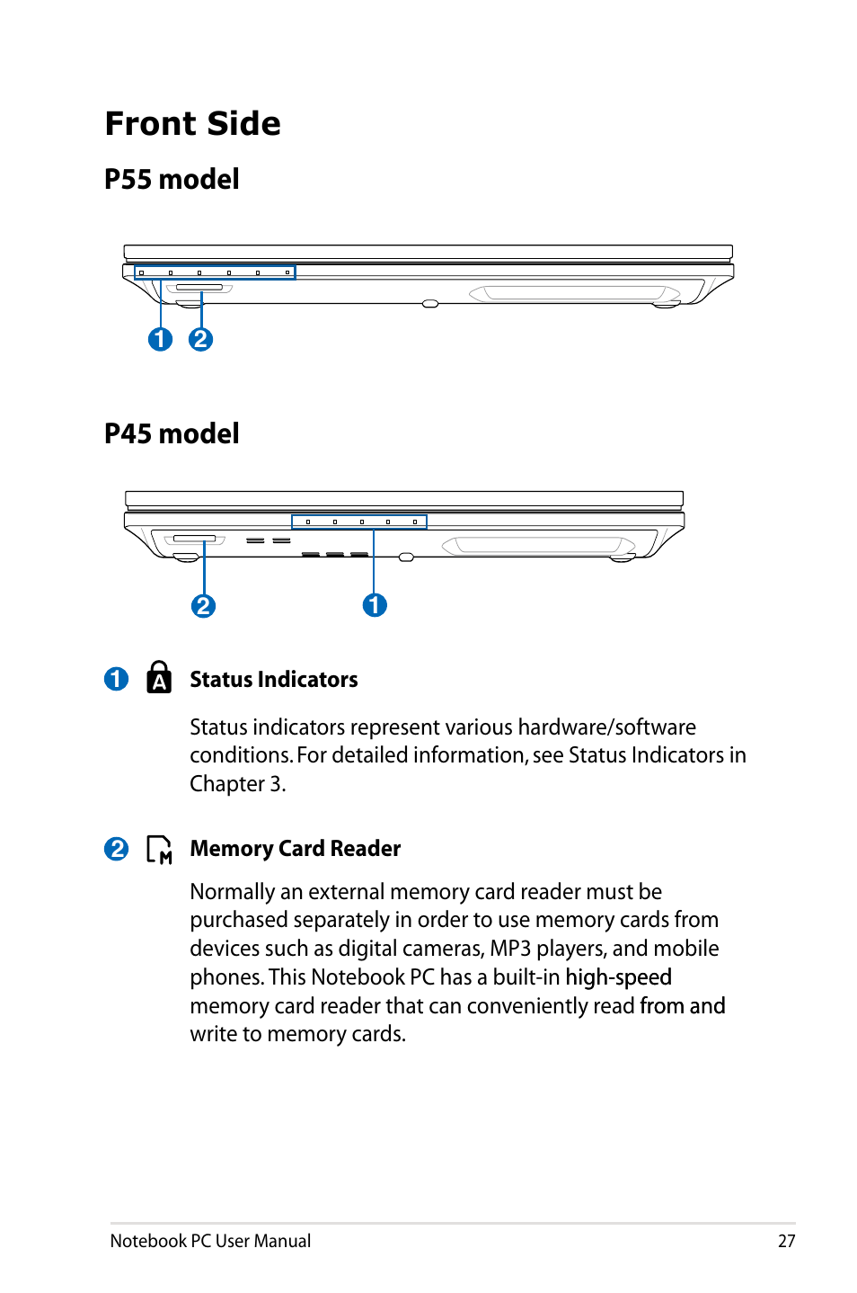 Front side, P55 model, P45 model | P55 model p45 model | Asus Pro55VA User Manual | Page 27 / 108