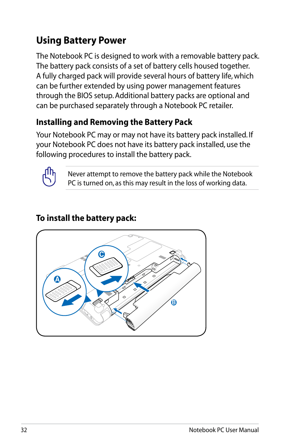 Using battery power | Asus Pro55VA User Manual | Page 32 / 108