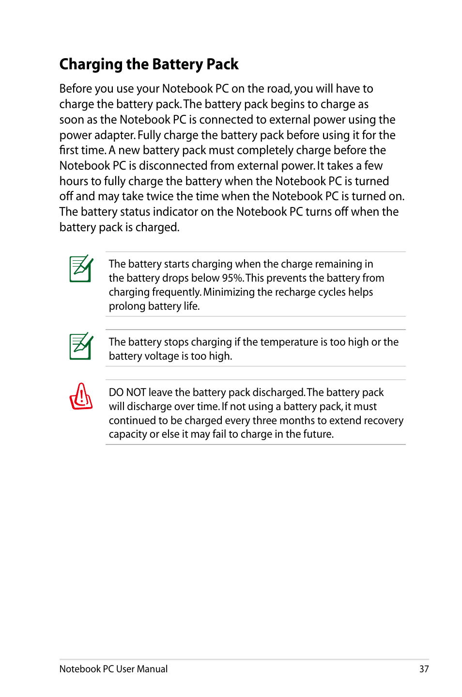 Charging the battery pack | Asus Pro55VA User Manual | Page 37 / 108