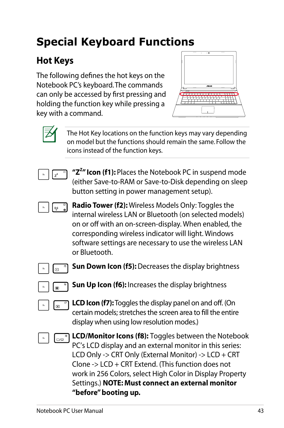 Special keyboard functions, Hot keys | Asus Pro55VA User Manual | Page 43 / 108