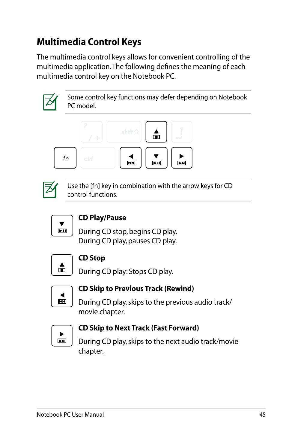 Multimedia control keys | Asus Pro55VA User Manual | Page 45 / 108