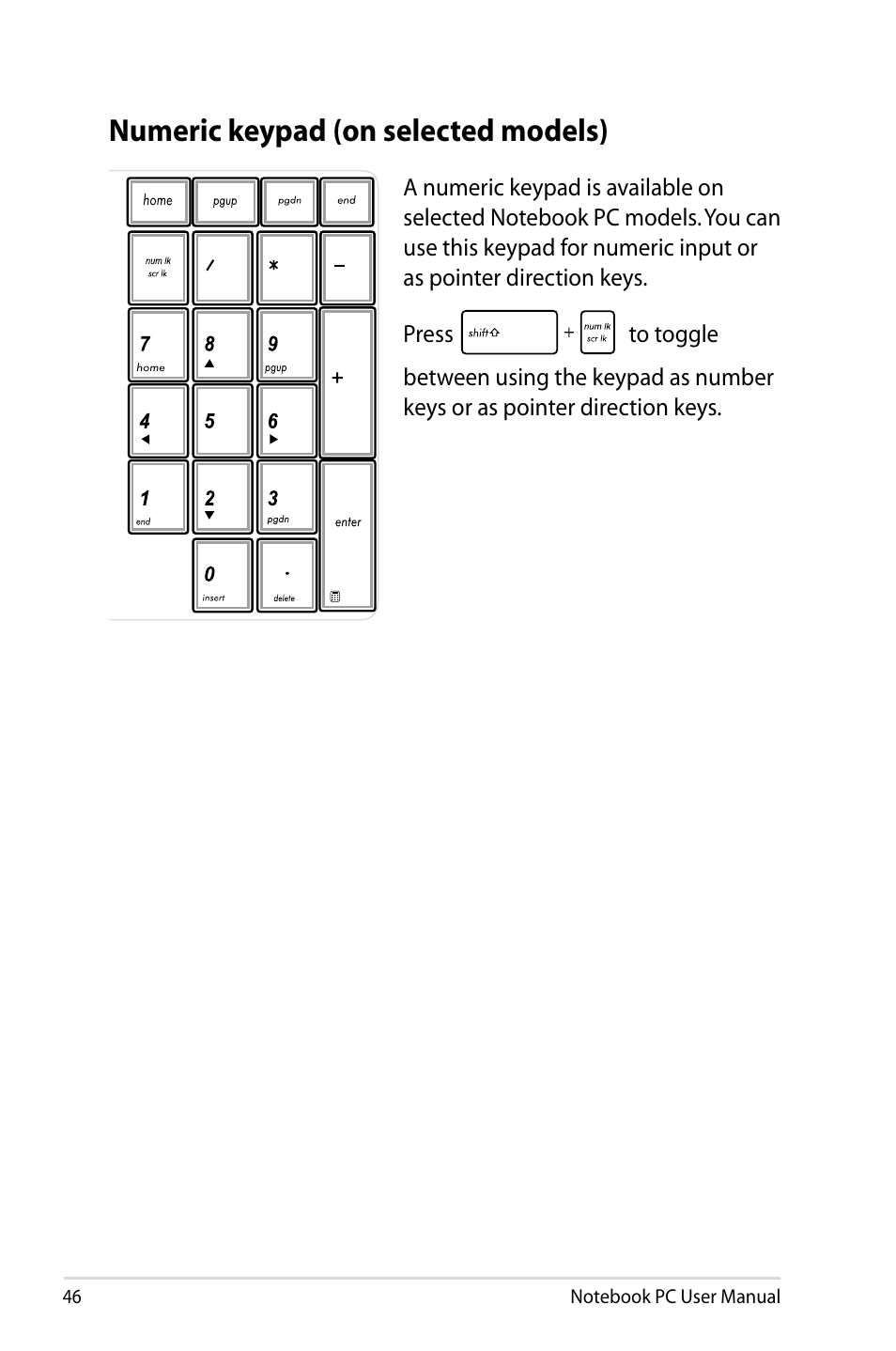 Numeric keypad (on selected models) | Asus Pro55VA User Manual | Page 46 / 108