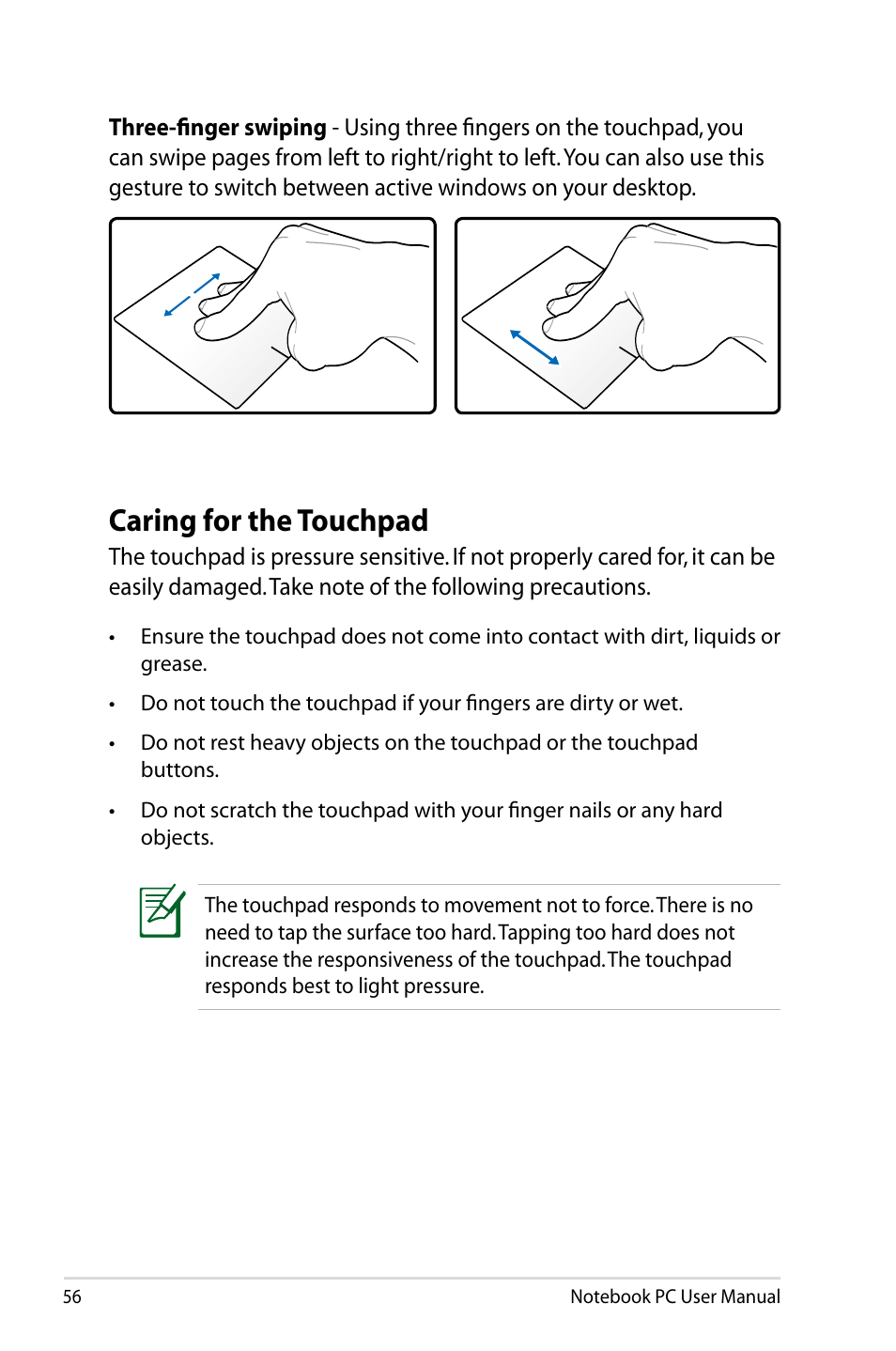 Caring for the touchpad | Asus Pro55VA User Manual | Page 56 / 108