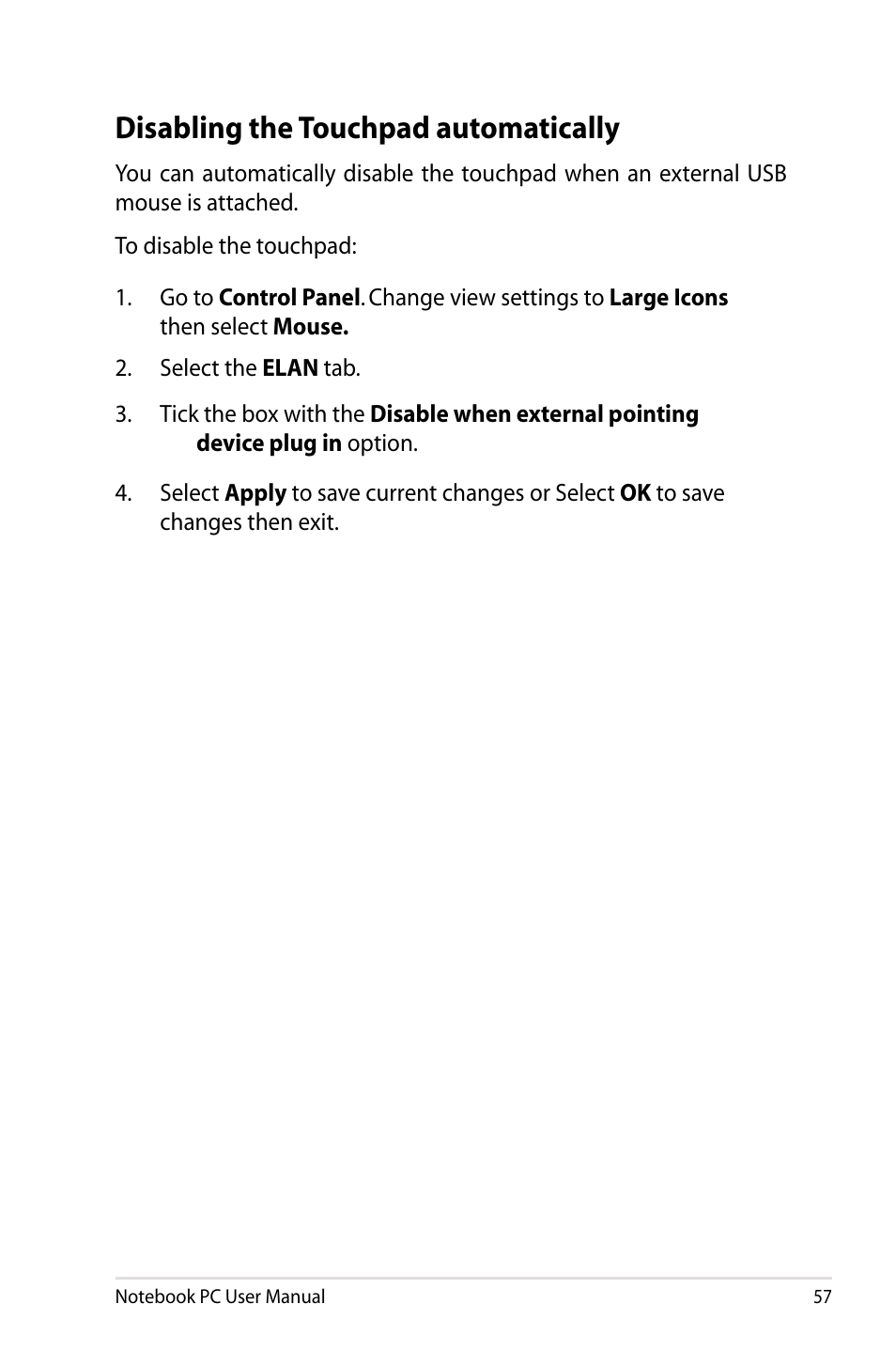 Disabling the touchpad automatically | Asus Pro55VA User Manual | Page 57 / 108