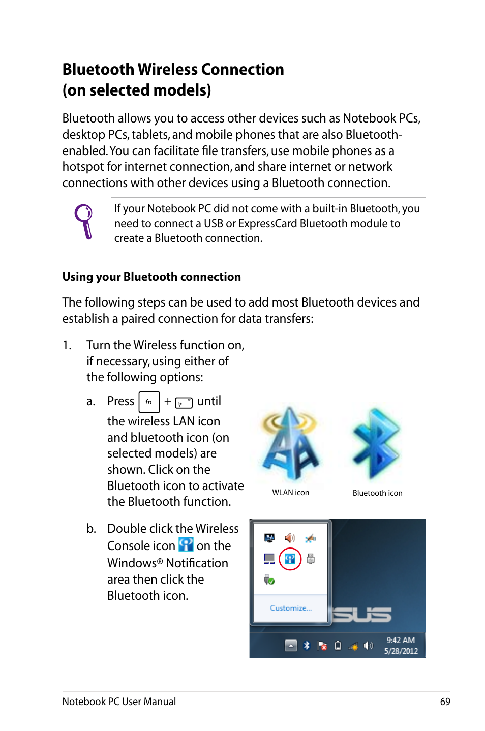 Bluetooth wireless connection (on selected models) | Asus Pro55VA User Manual | Page 69 / 108