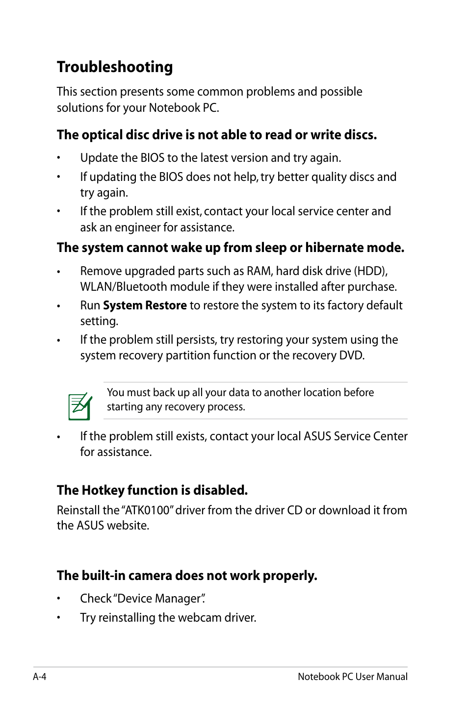 Troubleshooting | Asus Pro55VA User Manual | Page 76 / 108