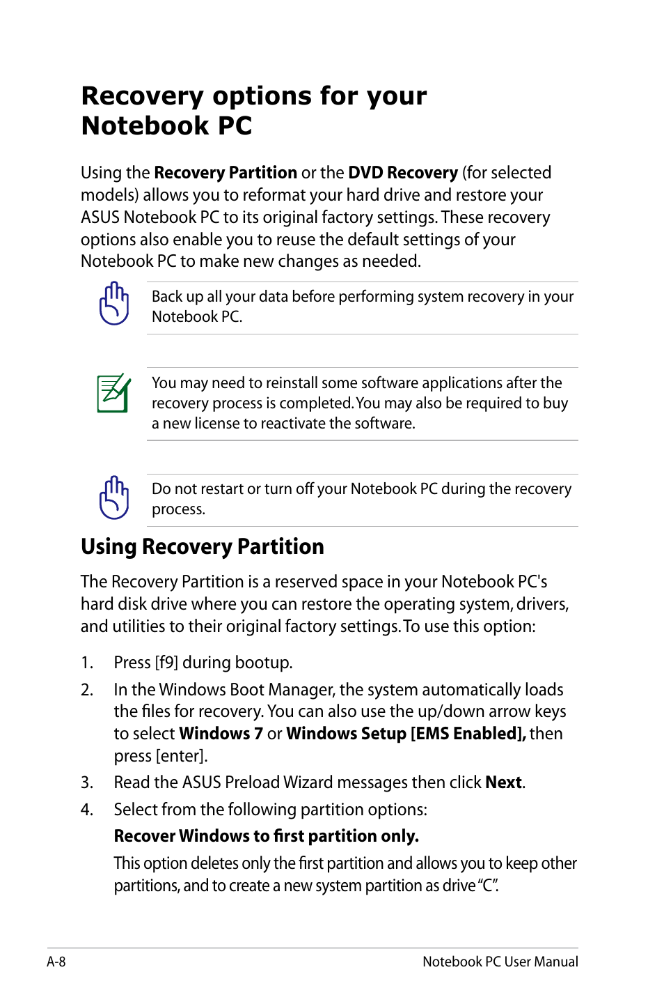 Recovery options for your notebook pc, Using recovery partition | Asus Pro55VA User Manual | Page 80 / 108