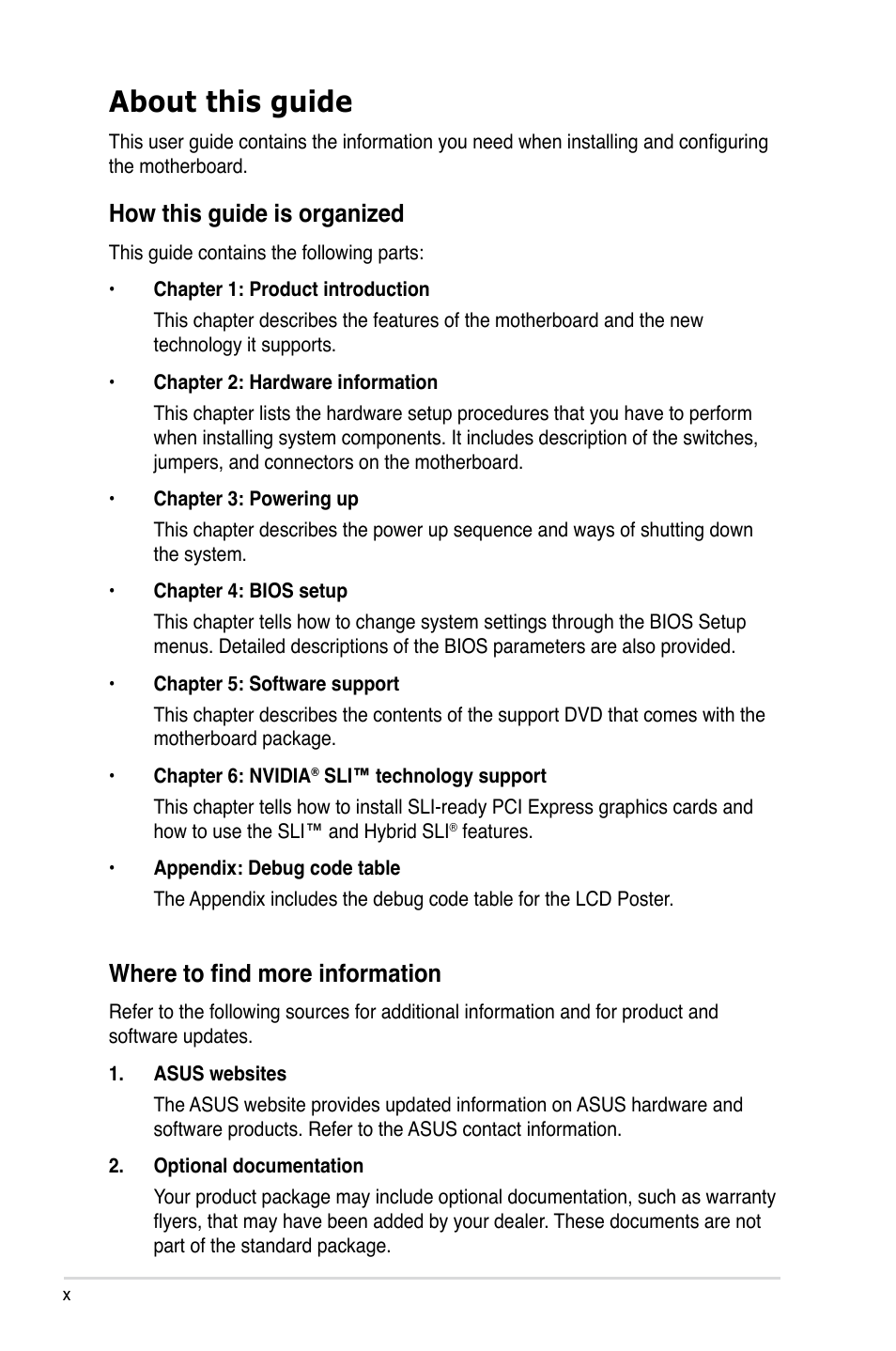 About this guide, How this guide is organized, Where to find more information | Asus Crosshair II Formula User Manual | Page 10 / 186