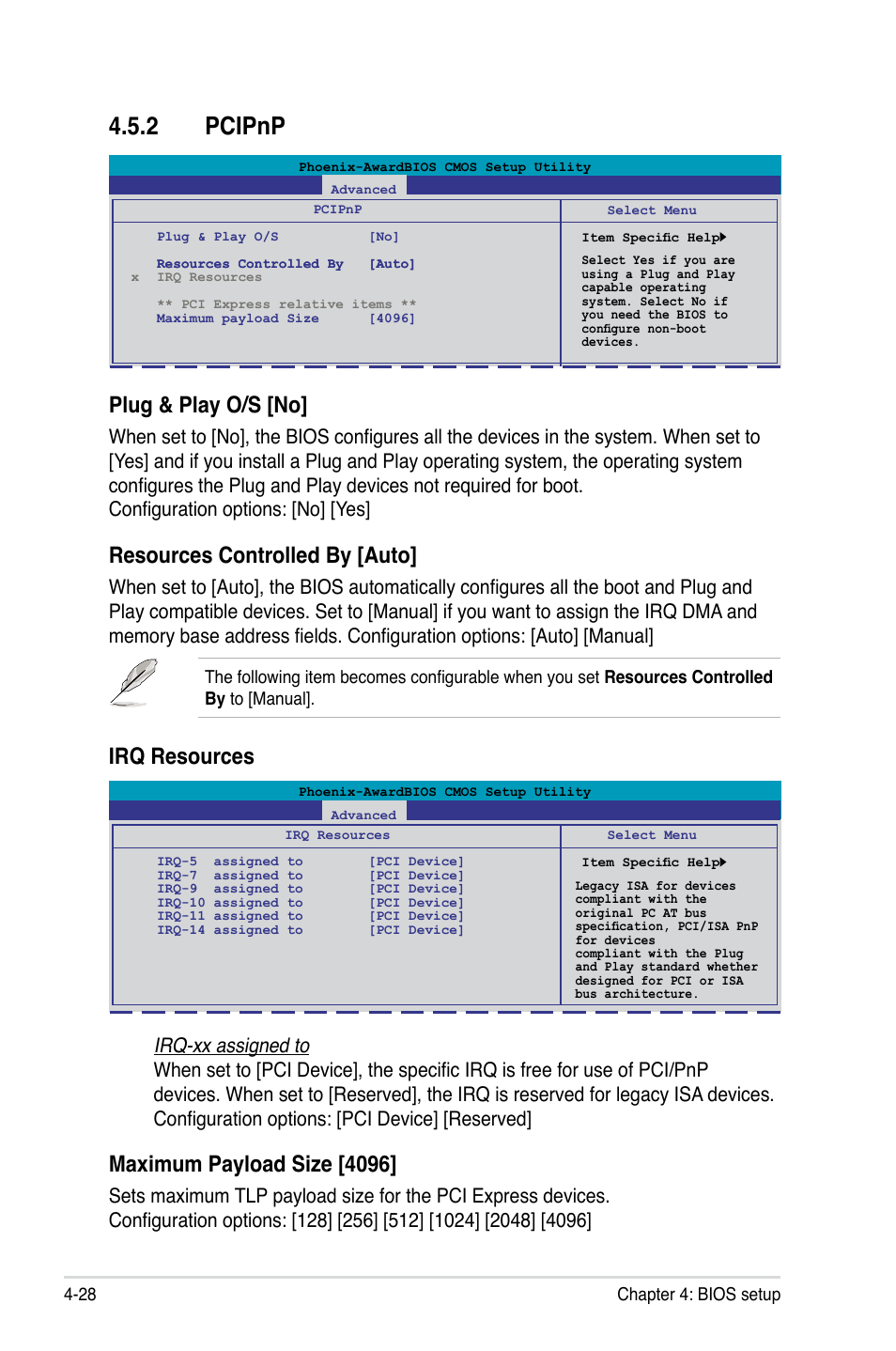 2 pcipnp, Pcipnp -28, Plug & play o/s [no | Resources controlled by [auto, Irq resources, Maximum payload size [4096 | Asus Crosshair II Formula User Manual | Page 100 / 186