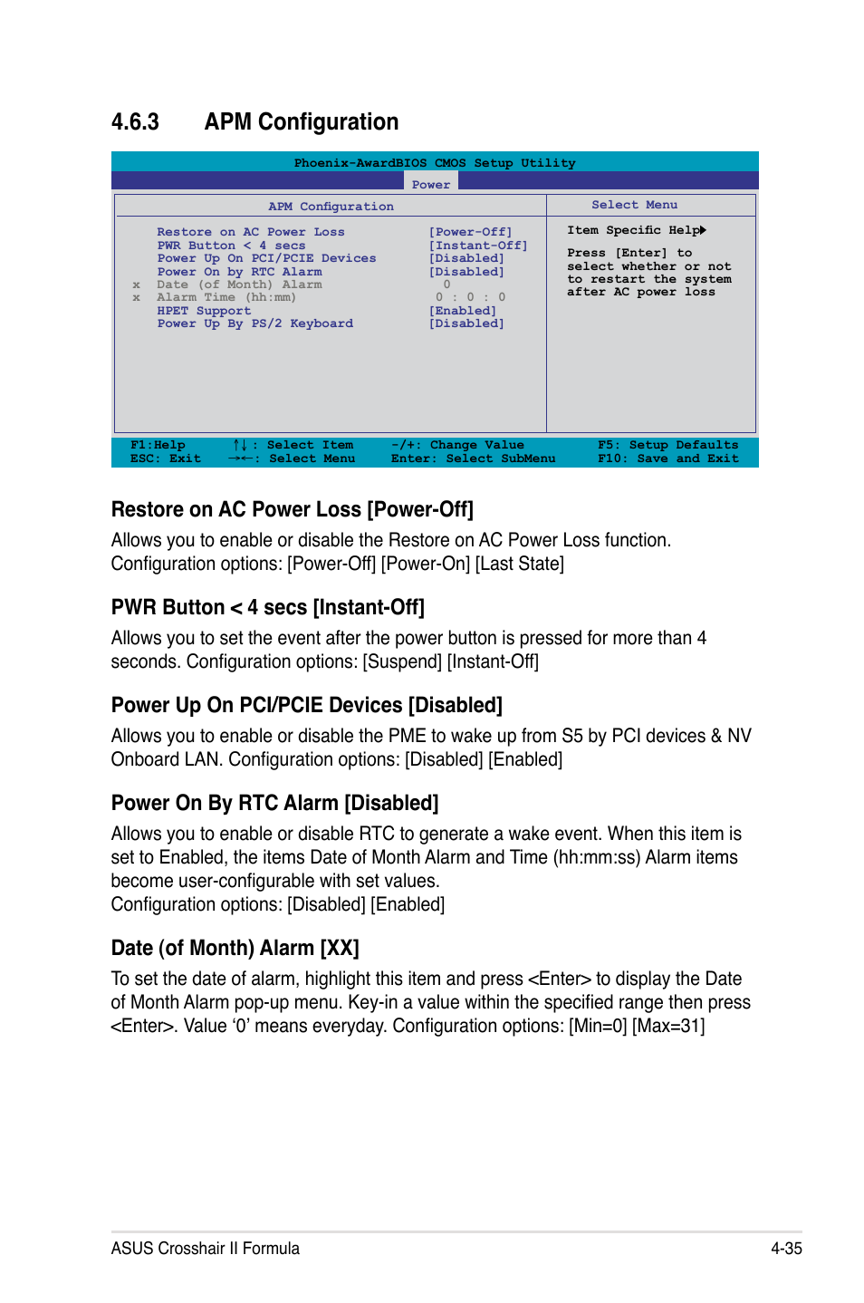 3 apm configuration, Apm configuration -35, Restore on ac power loss [power-off | Pwr button < 4 secs [instant-off, Power up on pci/pcie devices [disabled, Power on by rtc alarm [disabled, Date (of month) alarm [xx | Asus Crosshair II Formula User Manual | Page 107 / 186