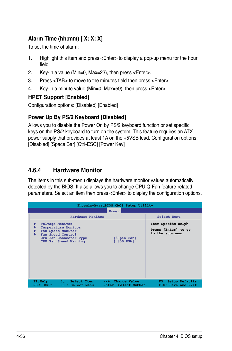 4 hardware monitor, Hardware monitor -36, Alarm time (hh:mm) [ x: x: x | Hpet support [enabled, Power up by ps/2 keyboard [disabled, Configuration options: [disabled] [�nabled | Asus Crosshair II Formula User Manual | Page 108 / 186