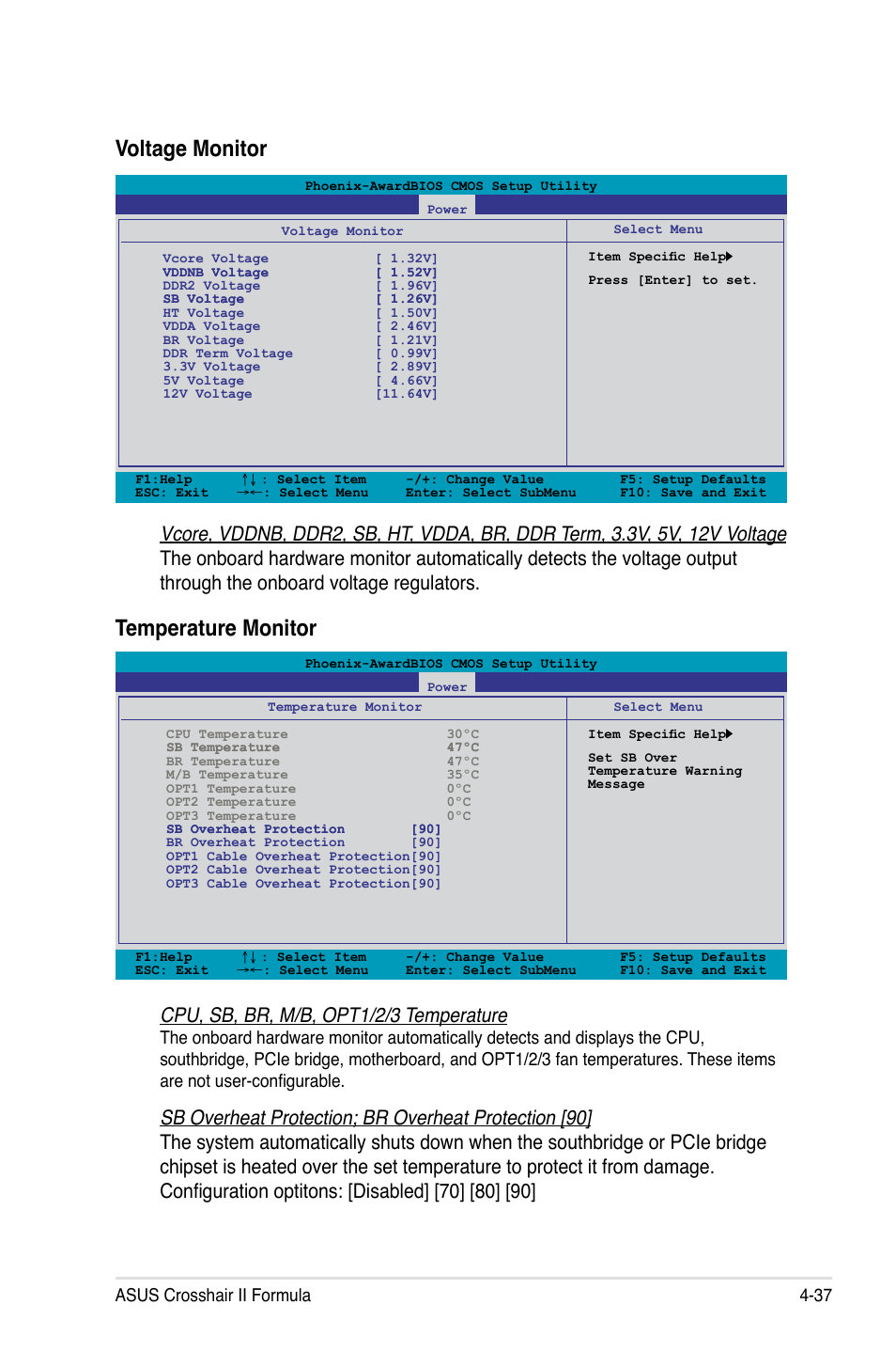 Temperature monitor, Voltage monitor, Cpu, sb, br, m/b, opt1/2/3 temperature | Asus crosshair ii formula 4-37 | Asus Crosshair II Formula User Manual | Page 109 / 186