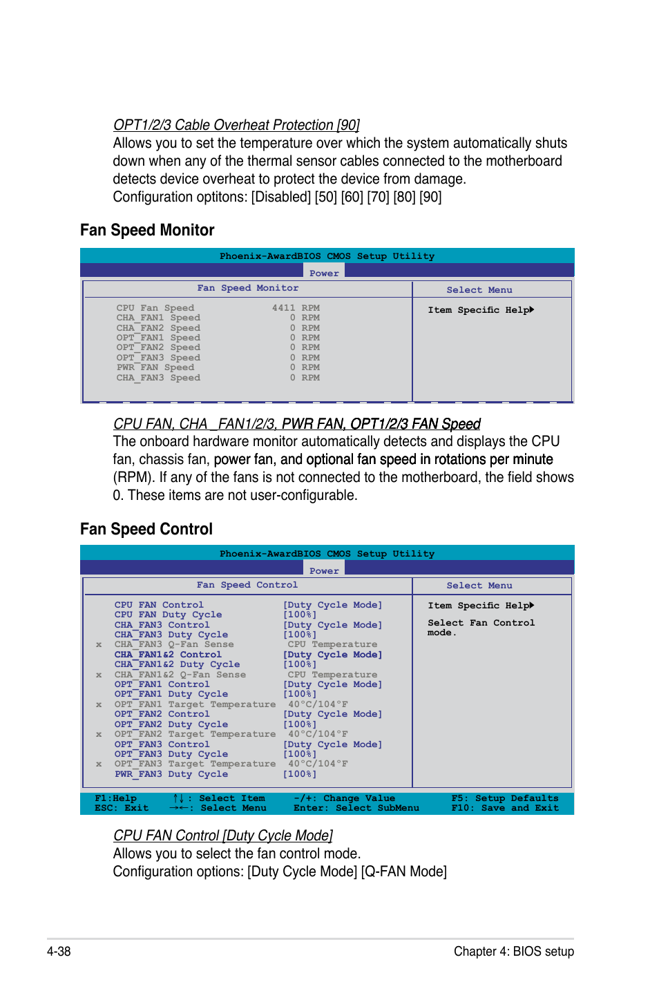 Fan speed control, Fan speed monitor, 38 chapter 4: bios setup | Asus Crosshair II Formula User Manual | Page 110 / 186