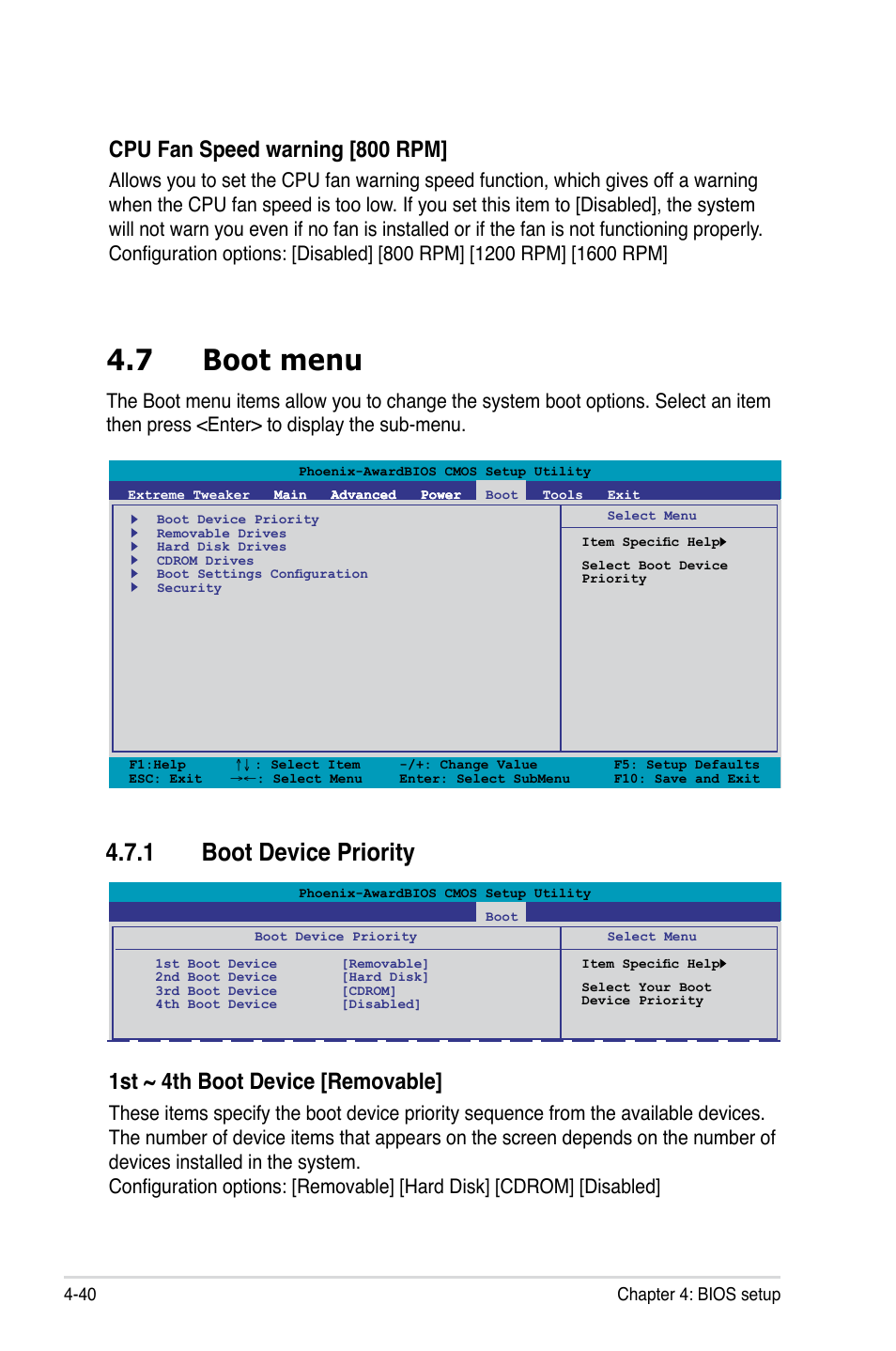 7 boot menu, 1 boot device priority, Boot menu -40 4.7.1 | Boot device priority -40, 1st ~ 4th boot device [removable, Cpu fan speed warning [800 rpm | Asus Crosshair II Formula User Manual | Page 112 / 186