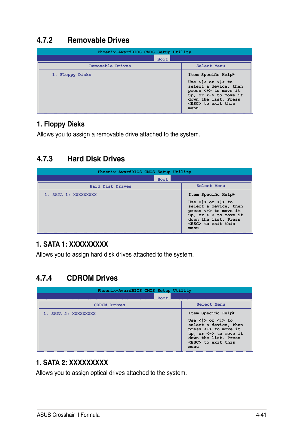 2 removable drives, 3 hard disk drives, 4 cdrom drives | Removable drives -41, Hard disk drives -41, Cdrom drives -41, Floppy disks | Asus Crosshair II Formula User Manual | Page 113 / 186