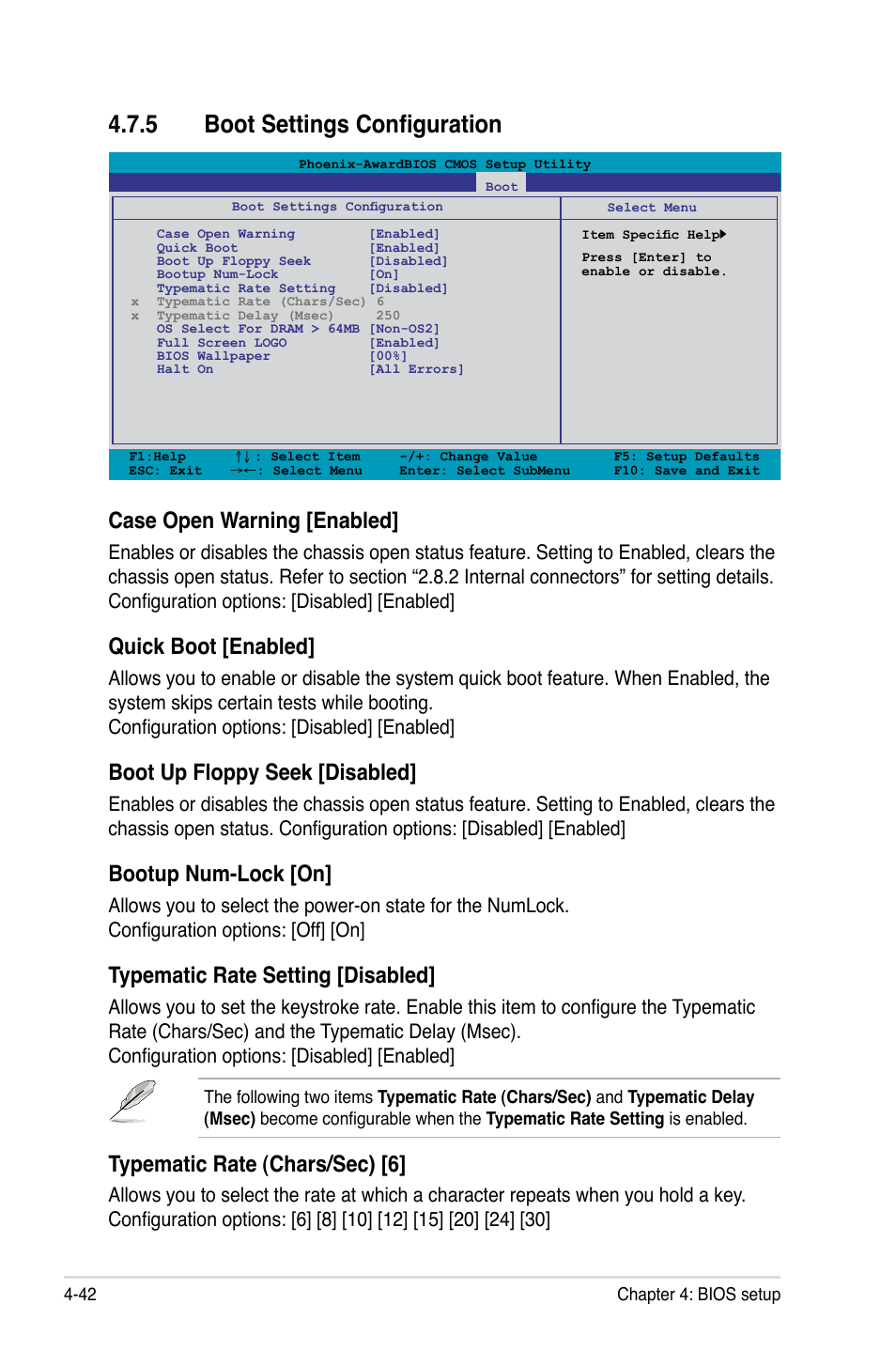 5 boot settings configuration, Boot settings configuration -42, Case open warning [enabled | Quick boot [enabled, Boot up floppy seek [disabled, Bootup num-lock [on, Typematic rate setting [disabled, Typematic rate (chars/sec) [6 | Asus Crosshair II Formula User Manual | Page 114 / 186