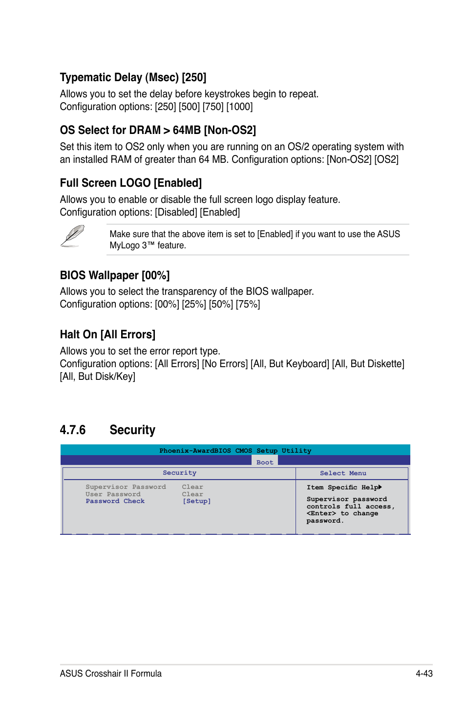 6 security, Security -43, Typematic delay (msec) [250 | Os select for dram > 64mb [non-os2, Full screen logo [enabled, Bios wallpaper [00, Halt on [all errors | Asus Crosshair II Formula User Manual | Page 115 / 186