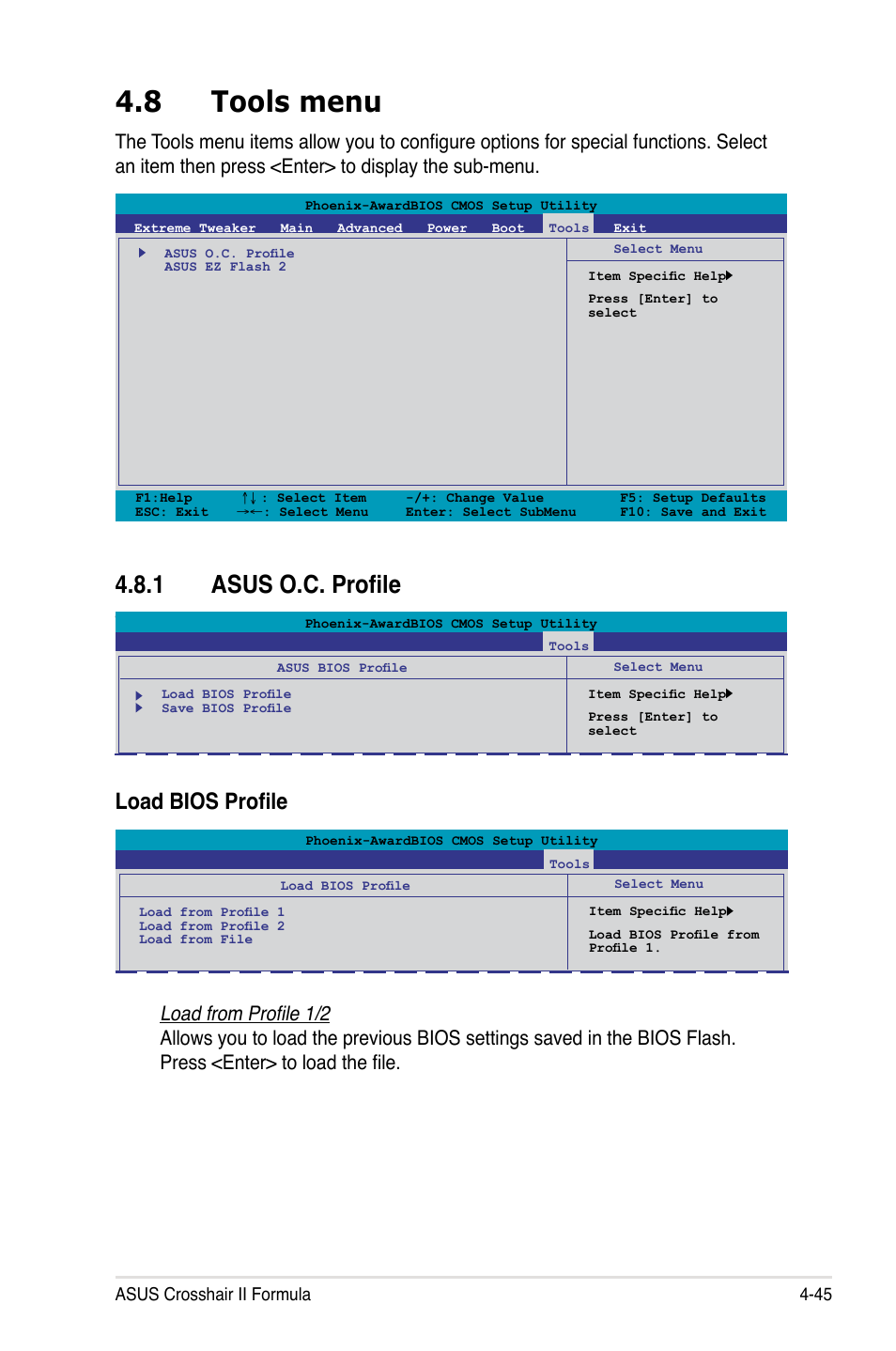 8 tools menu, 1 asus o.c. profile, Tools menu -45 4.8.1 | Asus o.c. profile -45, Load bios profile | Asus Crosshair II Formula User Manual | Page 117 / 186