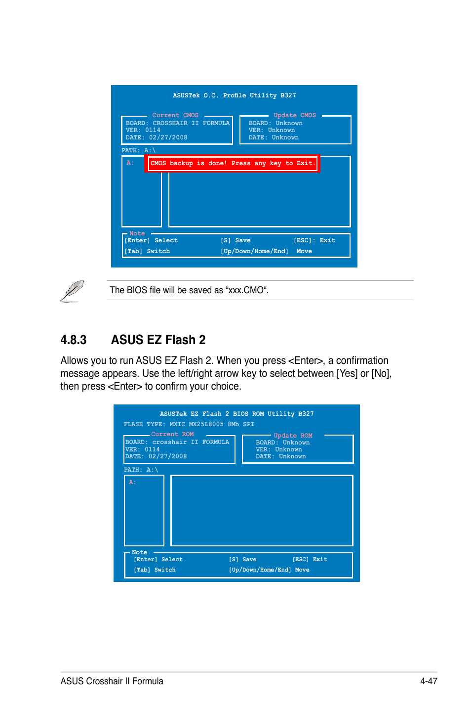 3 asus ez flash 2, Asus ez flash 2 -47, Asus crosshair ii formula 4-47 | The bios file will be saved as “xxx.cmo | Asus Crosshair II Formula User Manual | Page 119 / 186