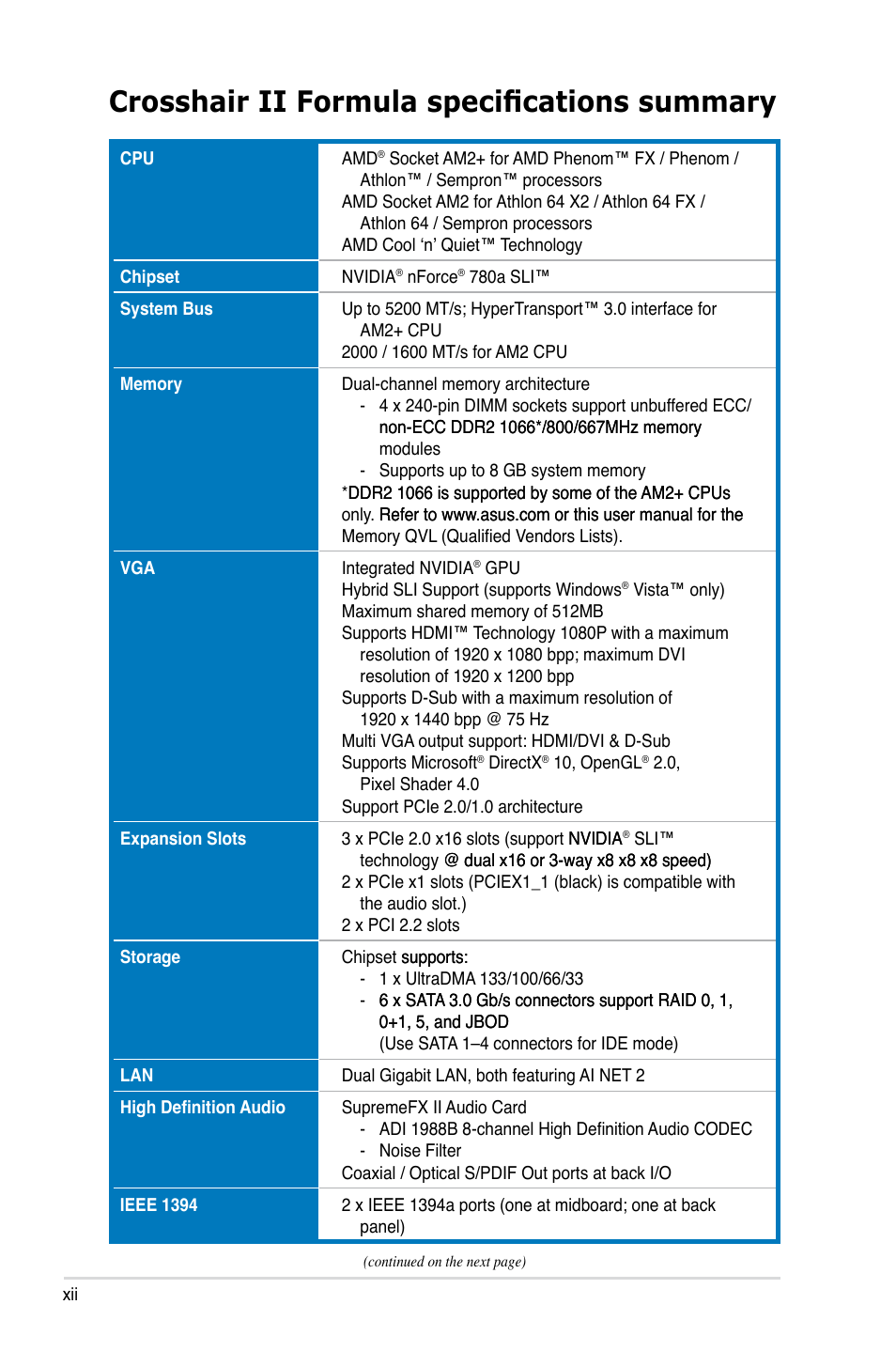 Crosshair ii formula specifications summary | Asus Crosshair II Formula User Manual | Page 12 / 186