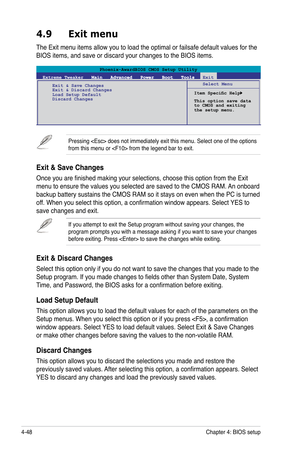 9 exit menu, Exit menu -48, Exit & save changes | Exit & discard changes, Load setup default, Discard changes | Asus Crosshair II Formula User Manual | Page 120 / 186