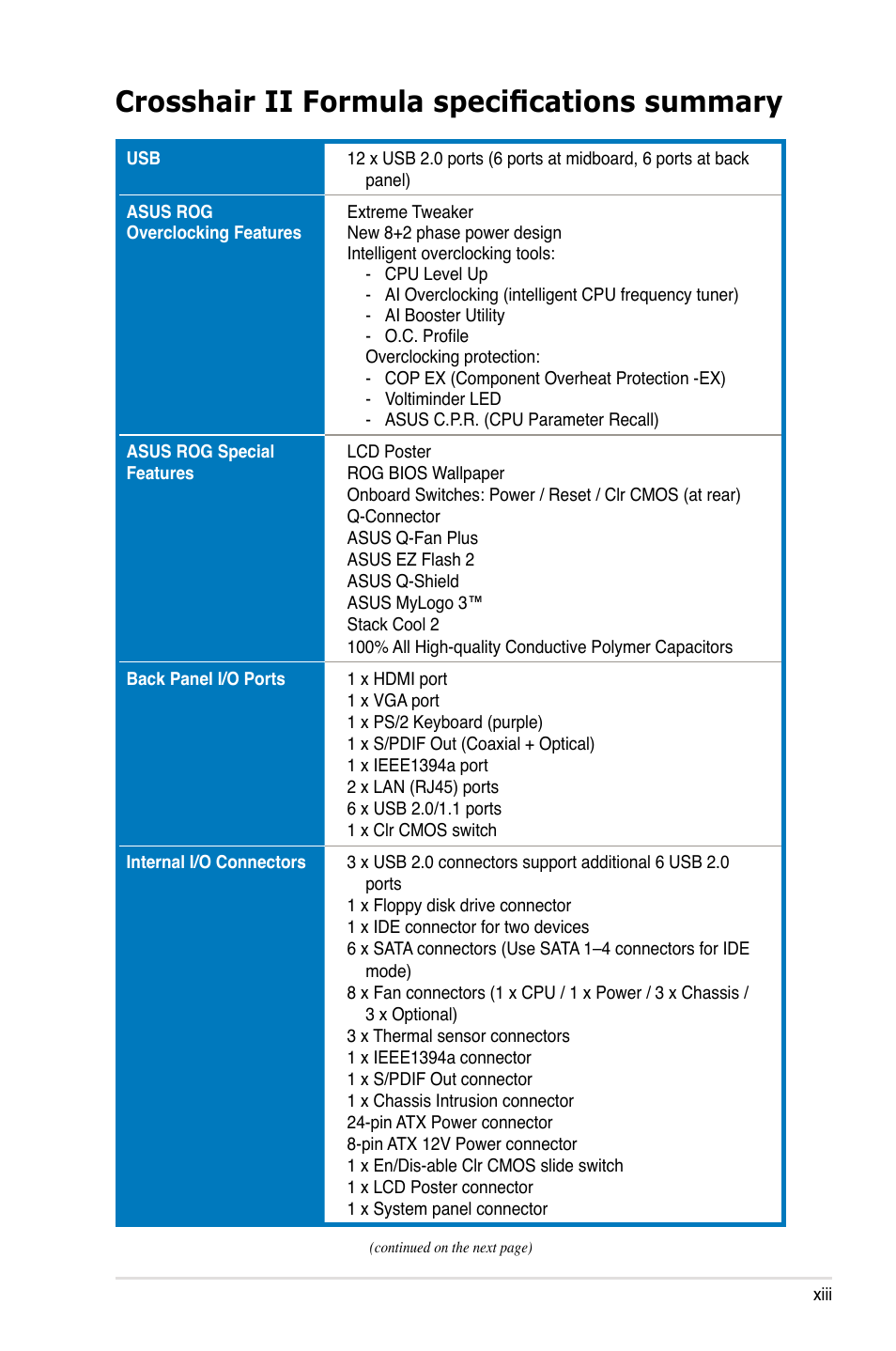 Crosshair ii formula specifications summary | Asus Crosshair II Formula User Manual | Page 13 / 186