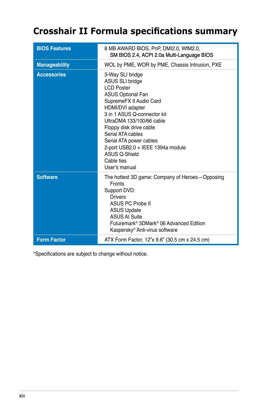 Crosshair ii formula specifications summary | Asus Crosshair II Formula User Manual | Page 14 / 186