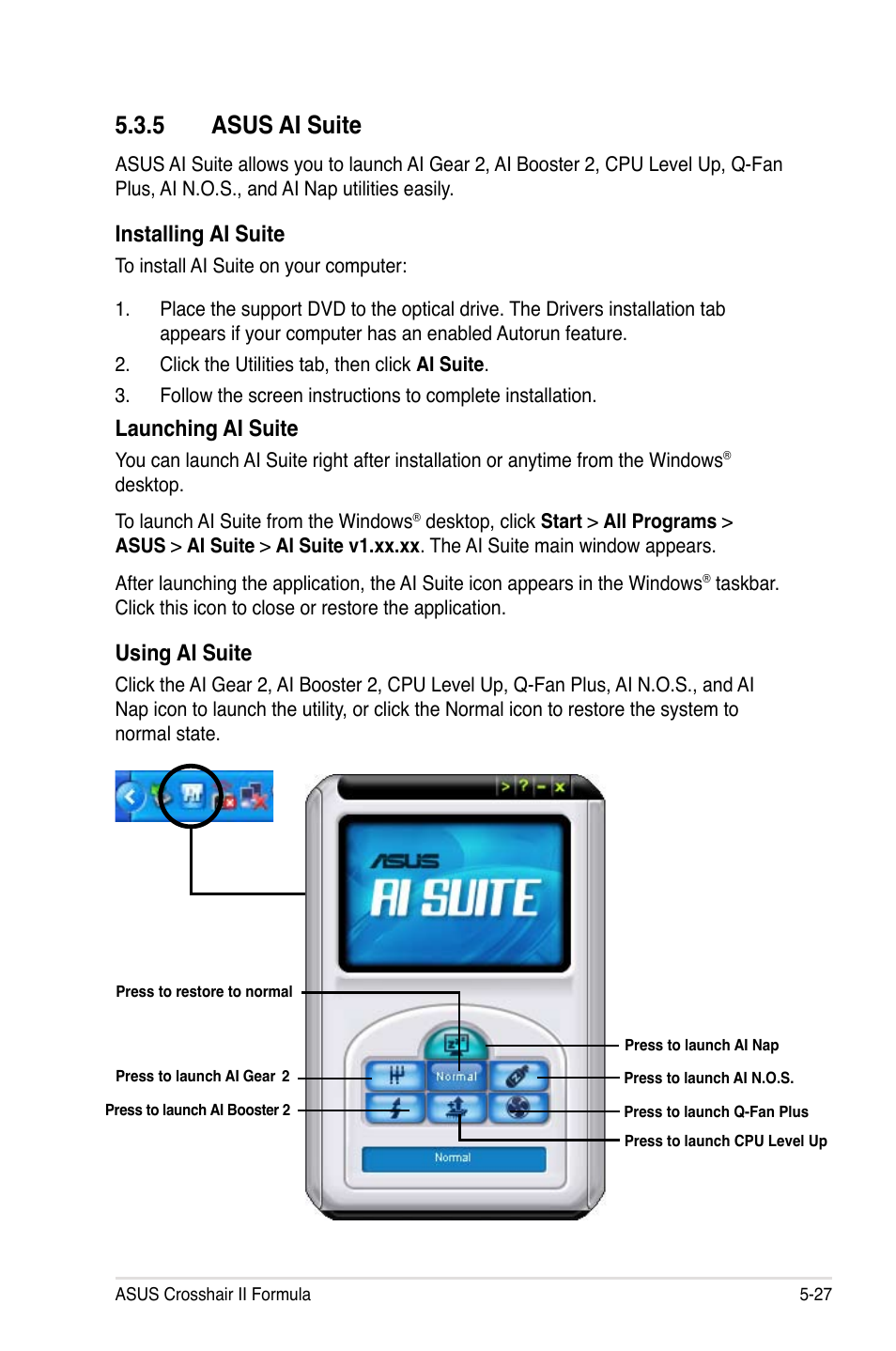 5 asus ai suite, 5 asus ai suite -27, Installing ai suite | Launching ai suite, Using ai suite | Asus Crosshair II Formula User Manual | Page 149 / 186