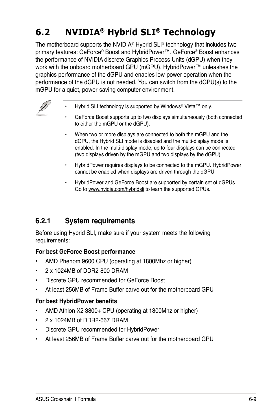 2 nvidia® hybrid sli® technology, 1 system requirements, Nvidia | Hybrid sli, Technology -9, System requirements -9, 2 nvidia, Technology | Asus Crosshair II Formula User Manual | Page 177 / 186