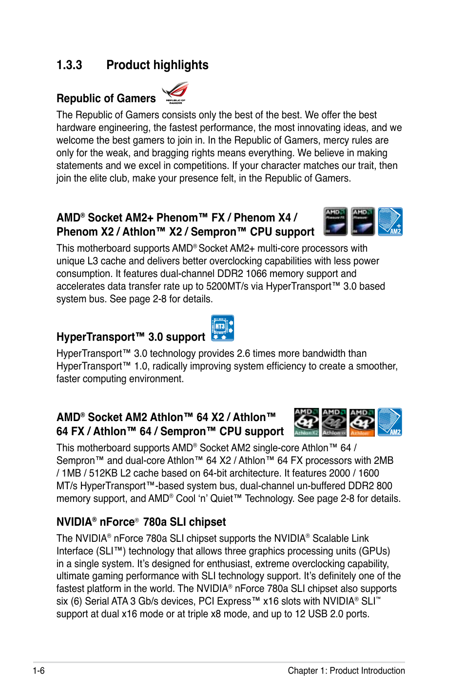 3 product highlights, Product highlights -6, Republic of gamers | Hypertransport™ 3.0 support, Nvidia, Nforce, 780a sli chipset | Asus Crosshair II Formula User Manual | Page 22 / 186