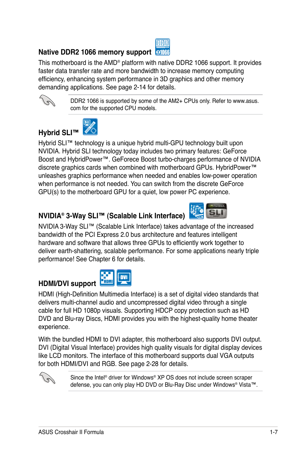 Hybrid sli, Nvidia, Way sli™ (scalable link interface) | Hdmi/dvi support | Asus Crosshair II Formula User Manual | Page 23 / 186