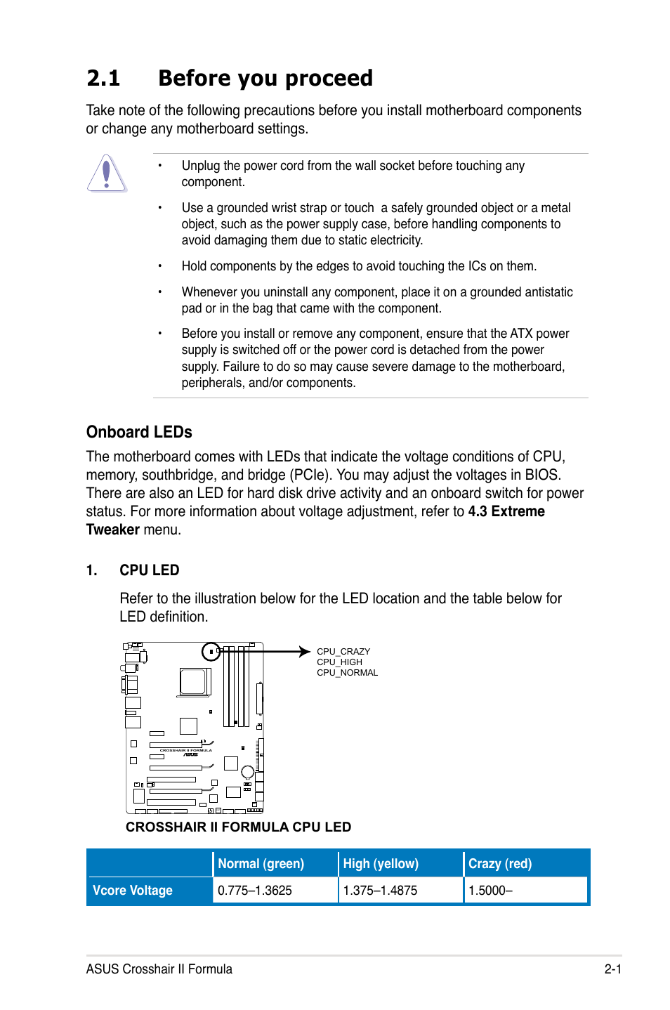 1 before you proceed, Before you proceed -1, Onboard leds | Asus Crosshair II Formula User Manual | Page 27 / 186