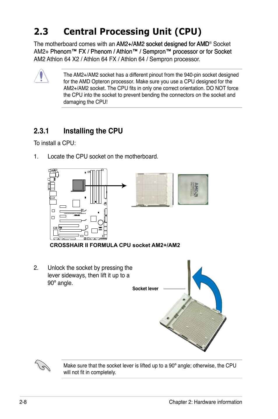 3 central processing unit (cpu), 1 installing the cpu, Central processing unit (cpu) -8 2.3.1 | Installing the cpu -8 | Asus Crosshair II Formula User Manual | Page 34 / 186