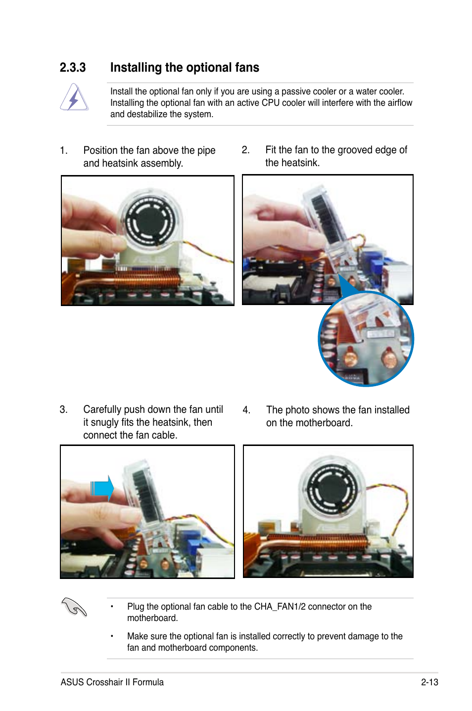 3 installing the optional fans, Installing the optional fans -13 | Asus Crosshair II Formula User Manual | Page 39 / 186