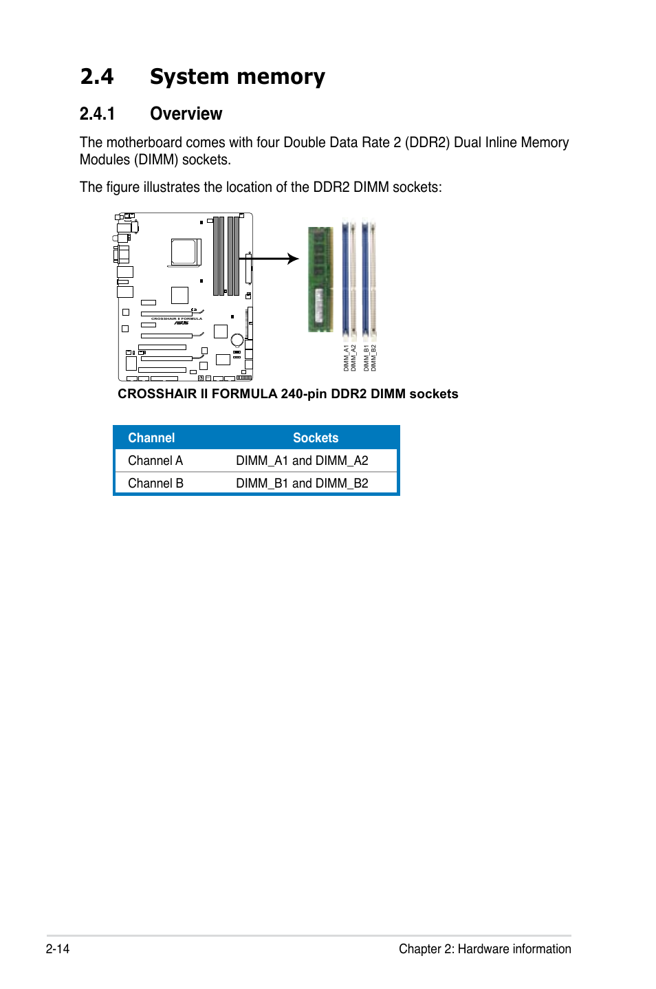 4 system memory, 1 overview, System memory -14 2.4.1 | Overview -14 | Asus Crosshair II Formula User Manual | Page 40 / 186