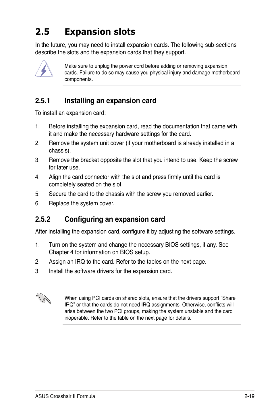 5 expansion slots, 1 installing an expansion card, 2 configuring an expansion card | Expansion slots -19 2.5.1, Installing an expansion card -19, Configuring an expansion card -19 | Asus Crosshair II Formula User Manual | Page 45 / 186