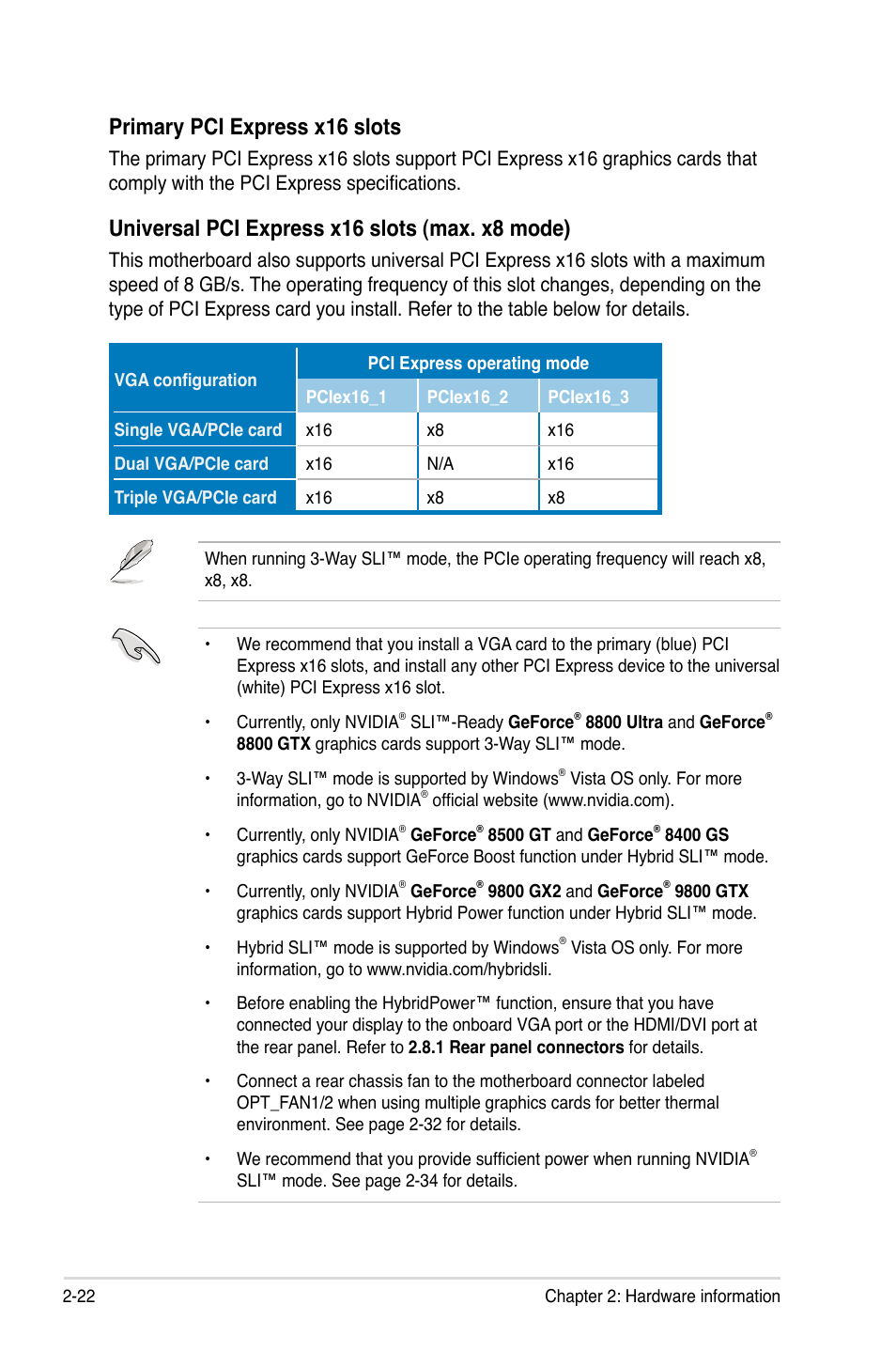 Primary pci express x16 slots, Universal pci express x16 slots (max. x8 mode) | Asus Crosshair II Formula User Manual | Page 48 / 186