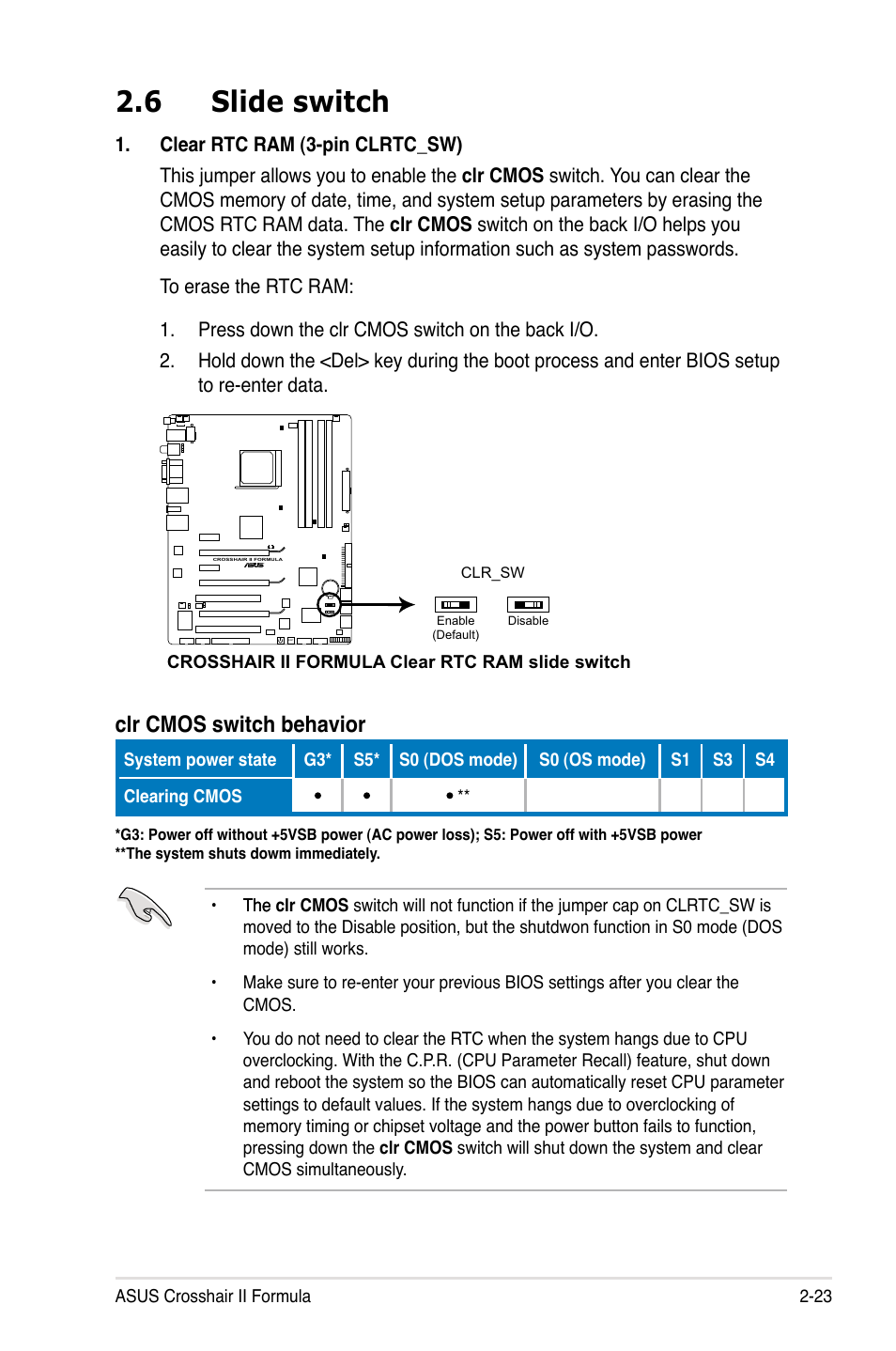 6 slide switch, Slide switch -23, Clr cmos switch behavior | Asus Crosshair II Formula User Manual | Page 49 / 186