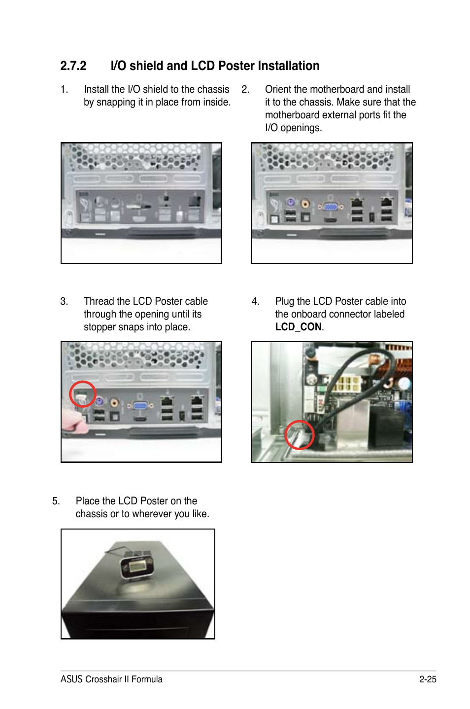 2 i/o shield and lcd poster installation, I/o shield and lcd poster installation -25 | Asus Crosshair II Formula User Manual | Page 51 / 186