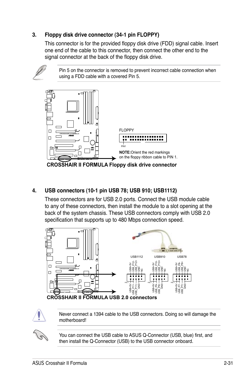 Crosshair ii formula floppy disk drive connector, Asus crosshair ii formula 2-31, Crosshair ii formula usb 2.0 connectors | Asus Crosshair II Formula User Manual | Page 57 / 186