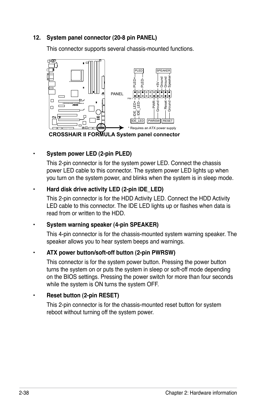 38 chapter 2: hardware information, Crosshair ii formula system panel connector | Asus Crosshair II Formula User Manual | Page 64 / 186