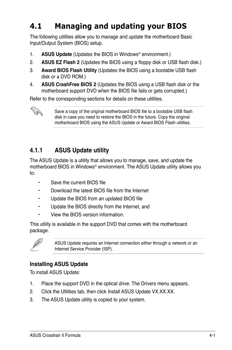 1 managing and updating your bios, 1 asus update utility, Managing and updating your bios -1 4.1.1 | Asus update utility -1 | Asus Crosshair II Formula User Manual | Page 73 / 186