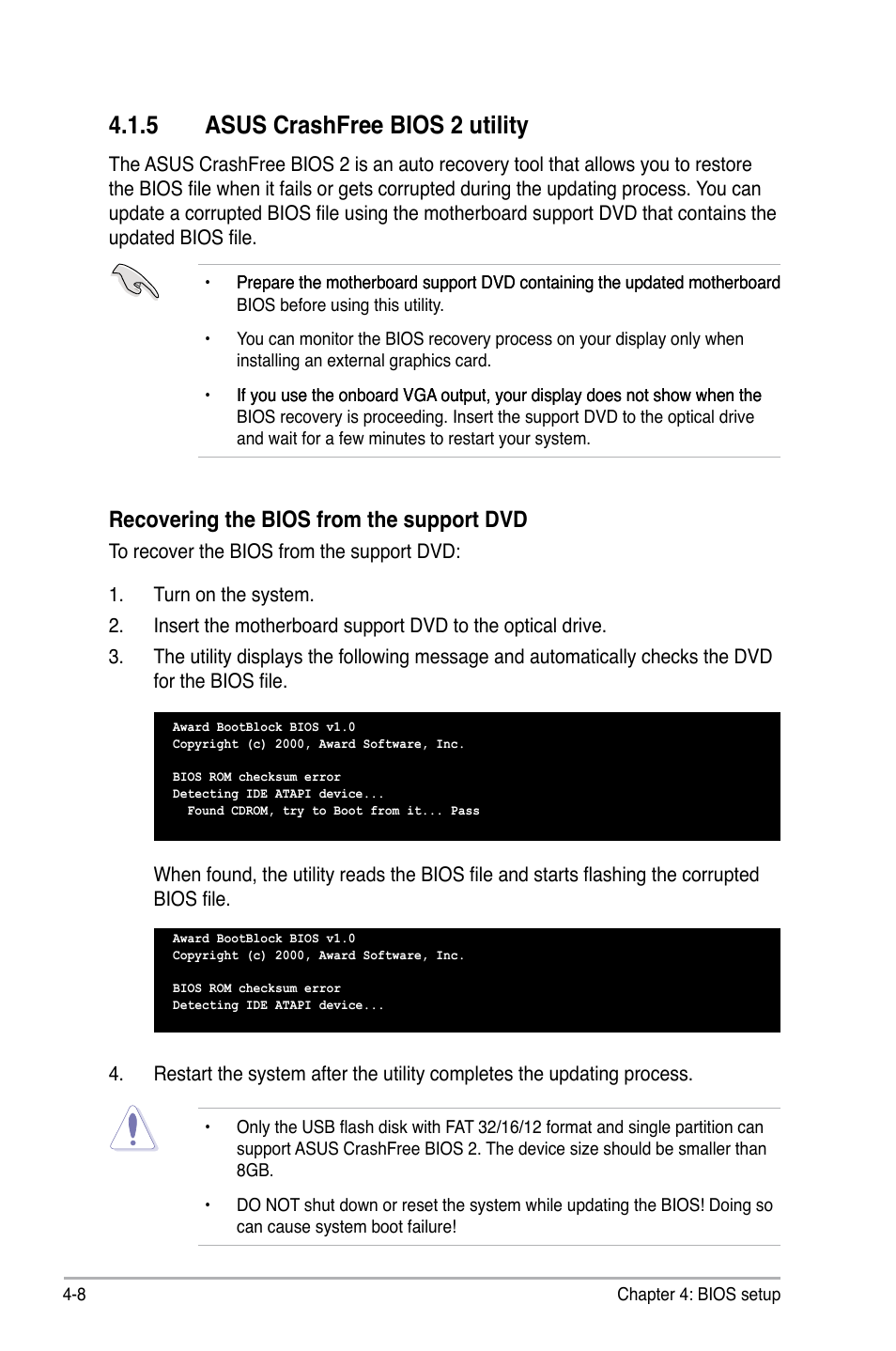 5 asus crashfree bios 2 utility, Asus crashfree bios 2 utility -8, Recovering the bios from the support dvd | Asus Crosshair II Formula User Manual | Page 80 / 186